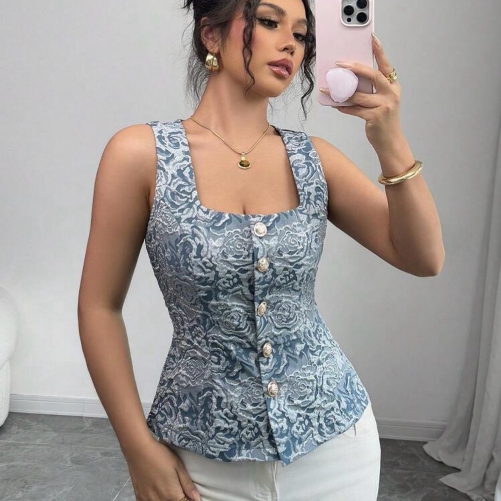 SHEIN Blue Floral Button-Up Blouse